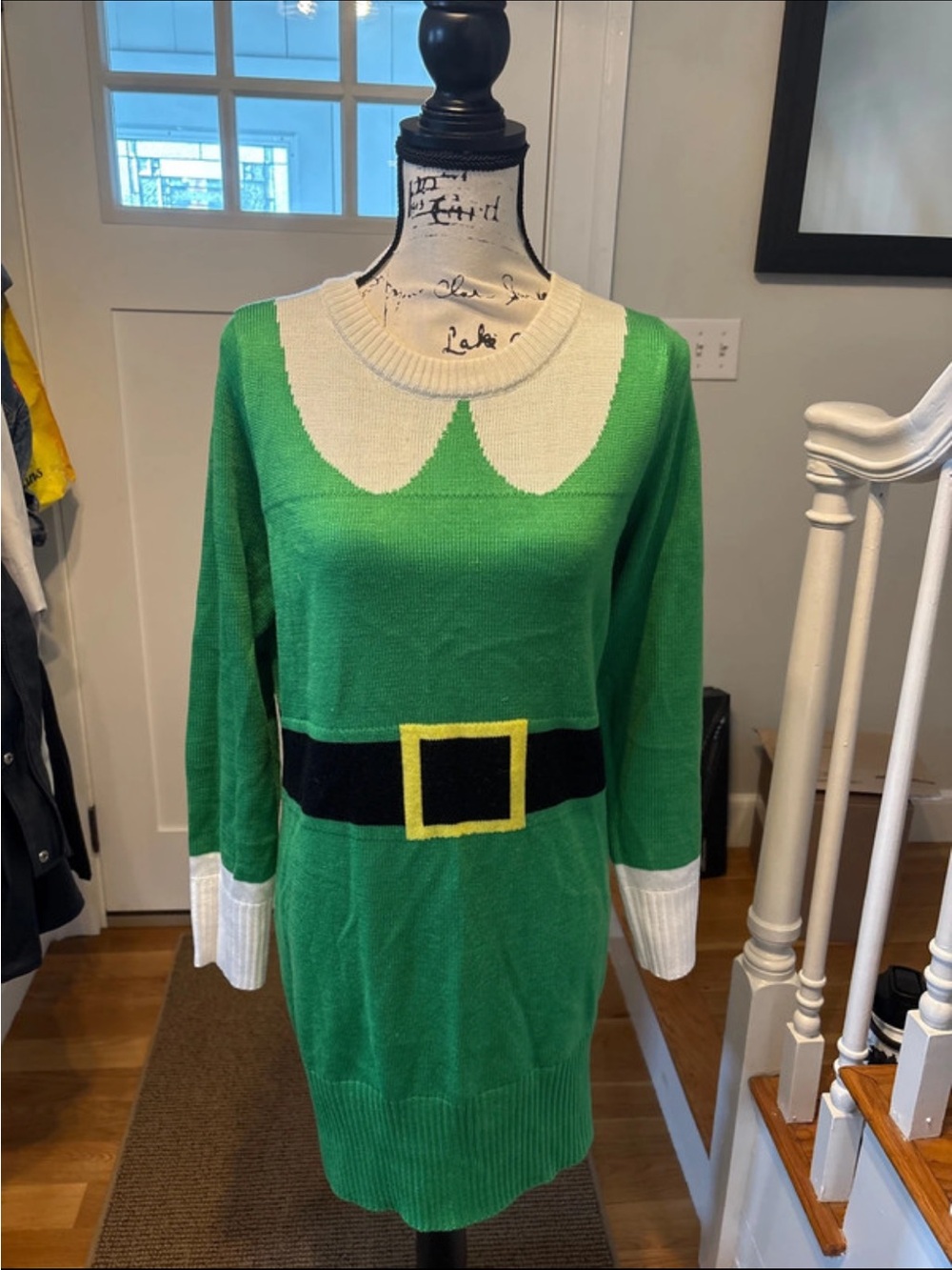 Tipsy Elves Green Elf Sweater Dress with White Collar and Black Belt